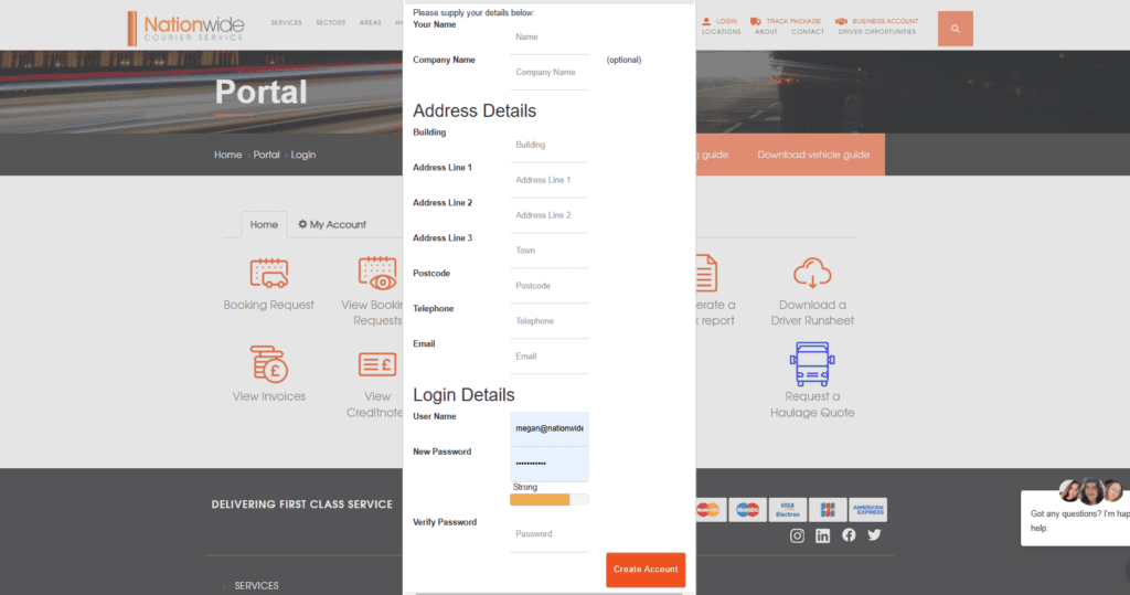 the booking screen for a same day courier in nottingham